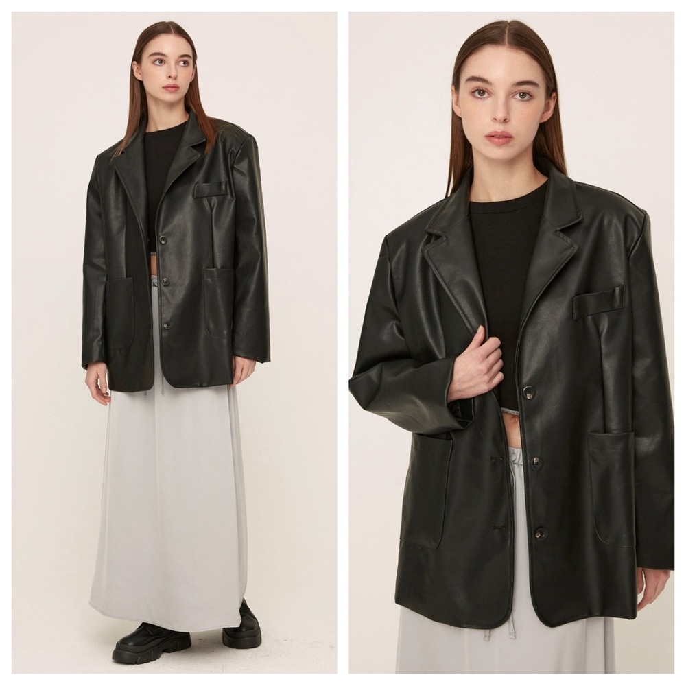 Storets Black Peyton faux Leather button up overfit blazer Jacket